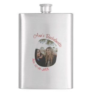 bachelorette party photo name date simple circular flask