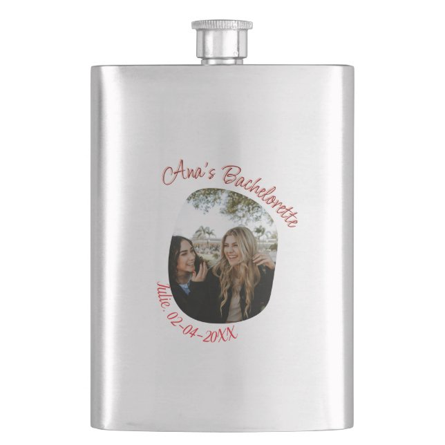 bachelorette party photo name date simple circular flask (Front)