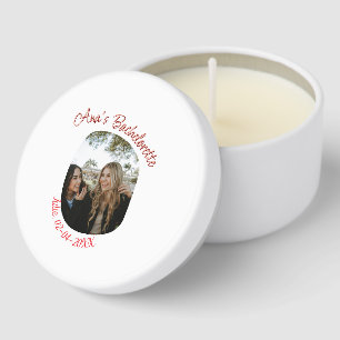 bachelorette party photo name date simple circular mini candle favors