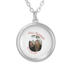 bachelorette party photo name date simple circular silver plated necklace