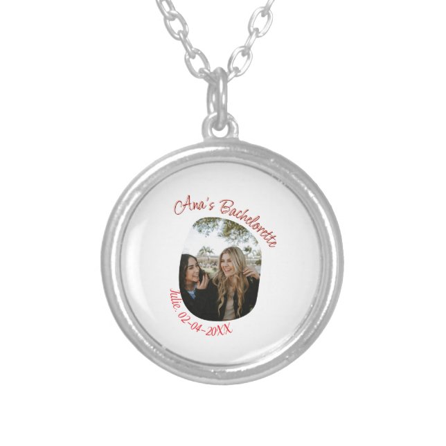 bachelorette party photo name date simple circular silver plated necklace (Front)