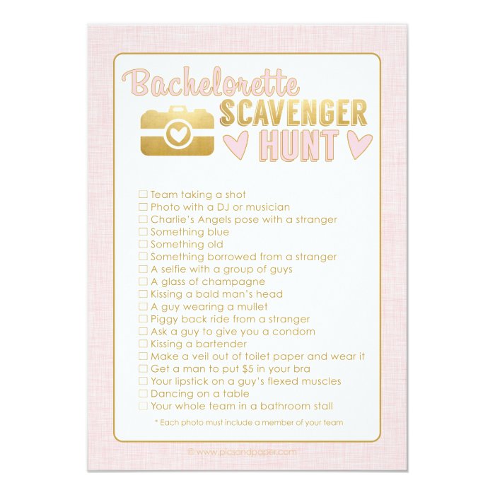 party hunt scavenger photo bachelor Pink Game Scavenger Hunt Party Card Bachelorette Photo