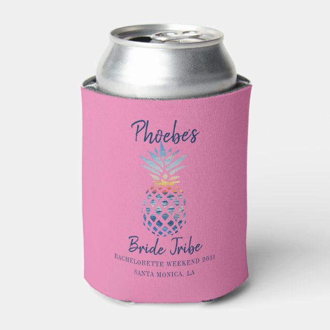 Bachelorette Party Pineapple Coastal Sunset Pink Can Cooler (Can Front)