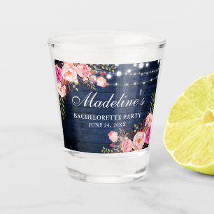 Bachelorette Party Pink Floral Blue Wood Lights Shot Glass