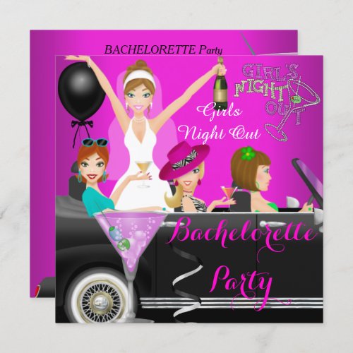 Bachelorette Party Pink Fun Limo Car Cocktails 1 Invitation