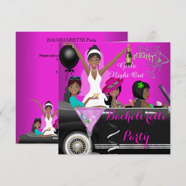Bachelorette Party Pink Fun Limo Car Cocktails Invitation (Front/Back)