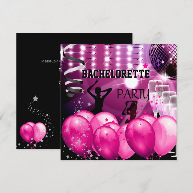 Bachelorette Party Pink Girl Disco Ball Balloons Invitation (Front/Back)