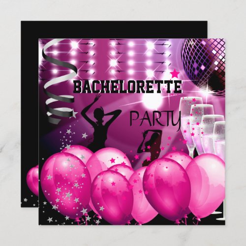 Bachelorette Party Pink Girl Disco Ball Balloons Invitation