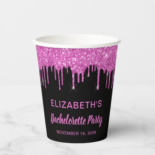 Bachelorette Party Pink Glitter Black Paper Cups