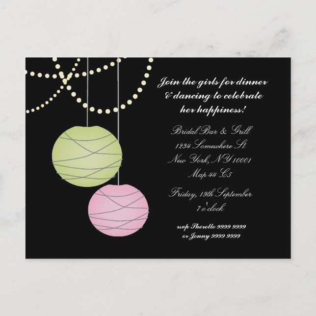 Bachelorette Party Pink Green Lanterns Invite Card (Back)