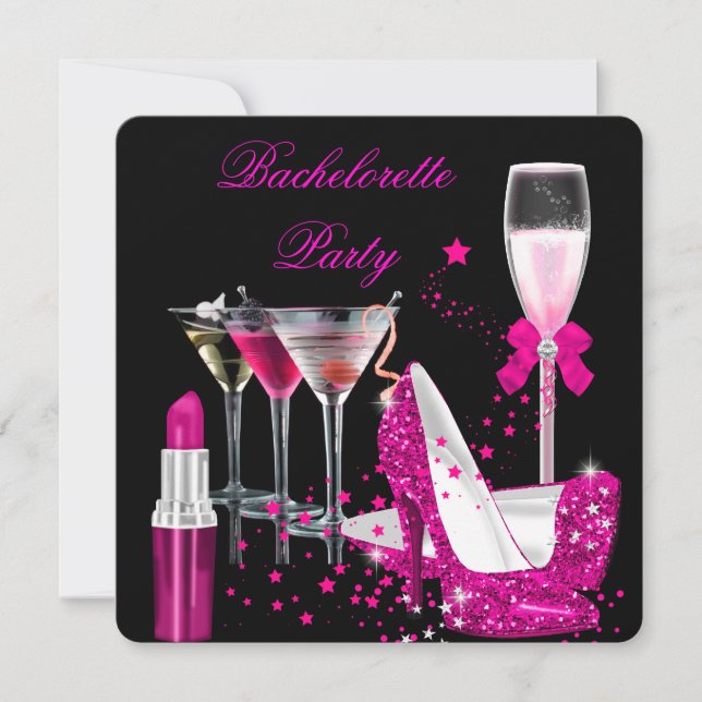 Bachelorette Party Pink Lipstick Champagne Heels Invitation (Front)