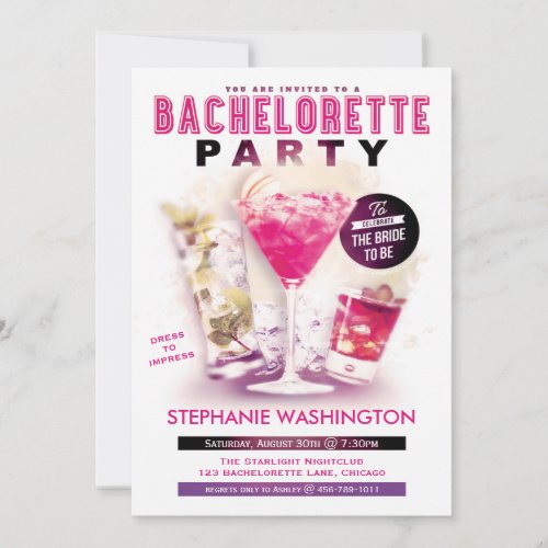 Bachelorette Party Pink Martini and Cocktails Invitation