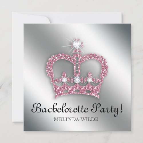 Bachelorette Party Pink Princess Crown Tiara Silve Invitation