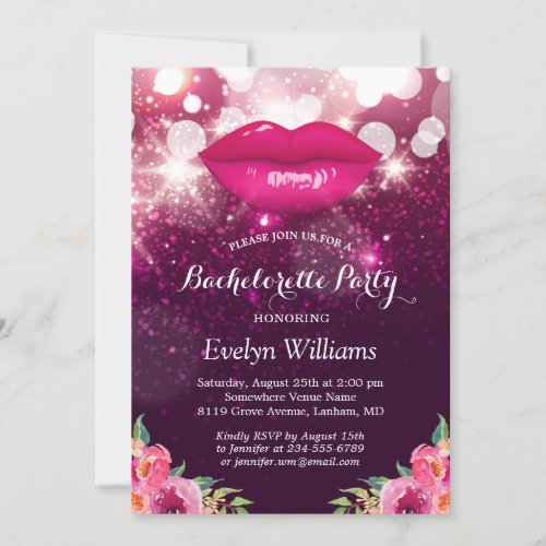 Bachelorette Party Pink Purple Glitter Lips Floral Invitation
