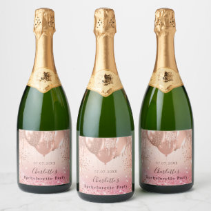 Bachelorette party pink rose gold glitter balloon sparkling wine label