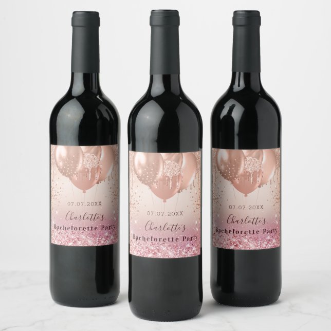 Bachelorette party pink rose gold glitter balloon wine label (Bottles)