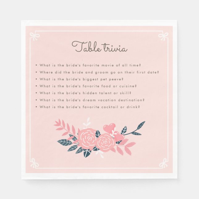 Bachelorette party pink table trivia napkins (Front)