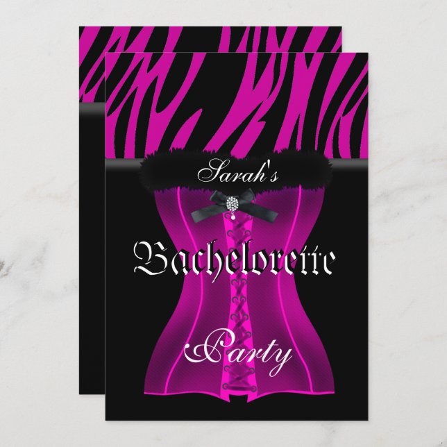 Bachelorette Party Pink Zebra Black Corset Invitation (Front/Back)
