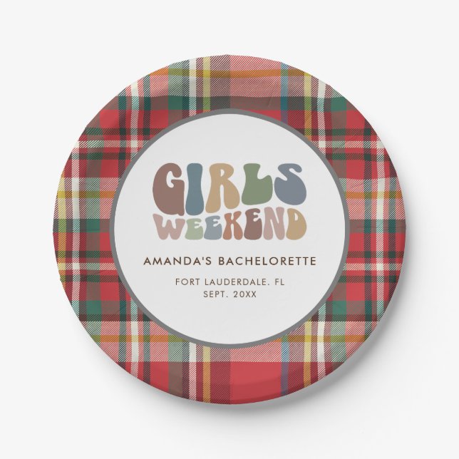 Bachelorette Party Plaid Girls Weekend Retro Paper Plates (Front)