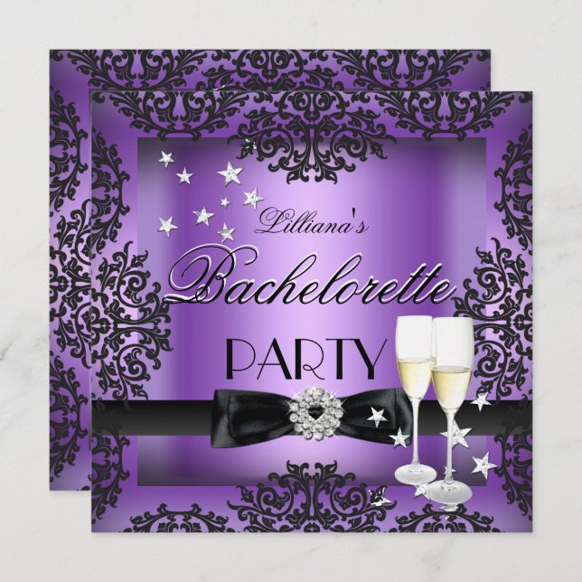 Bachelorette Party Purple Black Champagne Invitation (Front/Back)