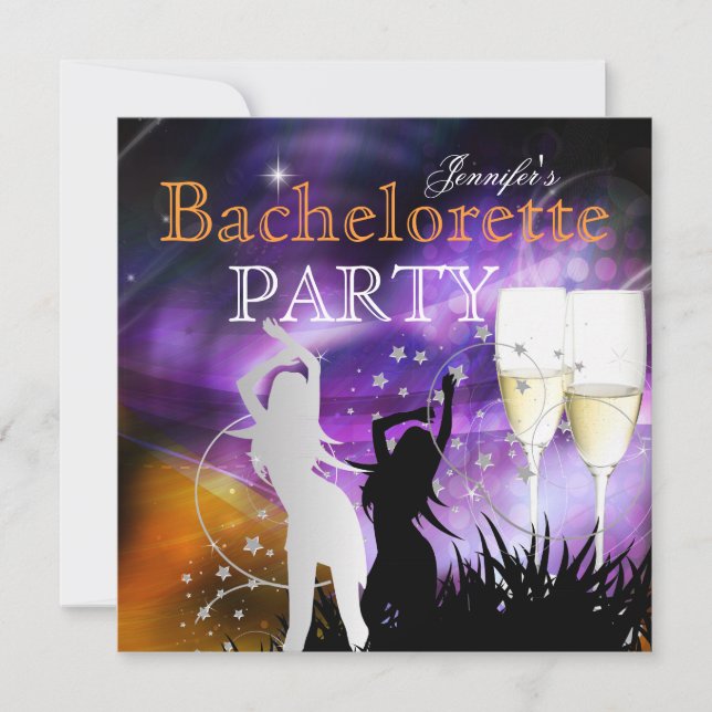 Bachelorette Party Purple Champagne Dance Invitation (Front)