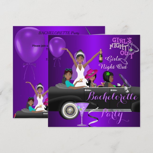 Bachelorette Party Purple Fun Limo Car Cocktail 3 Invitation (Front/Back)