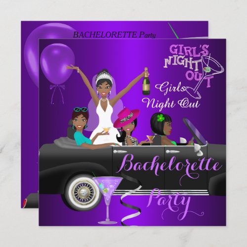 Bachelorette Party Purple Fun Limo Car Cocktail 3 Invitation