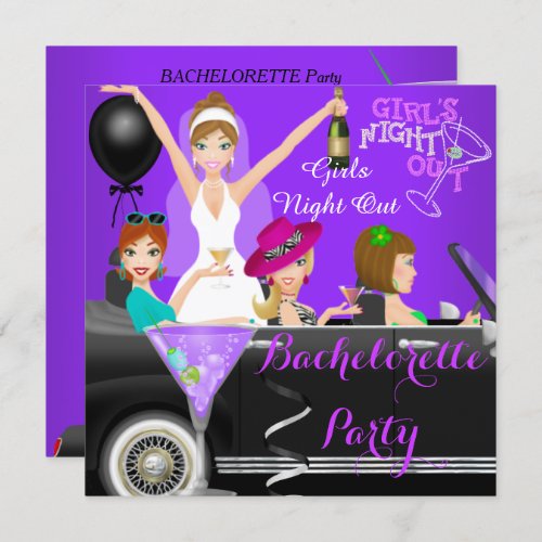 Bachelorette Party Purple Fun Limo Car Cocktails 1 Invitation