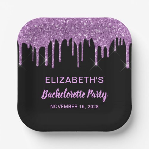 Bachelorette Party Purple Glitter Black Paper Plates