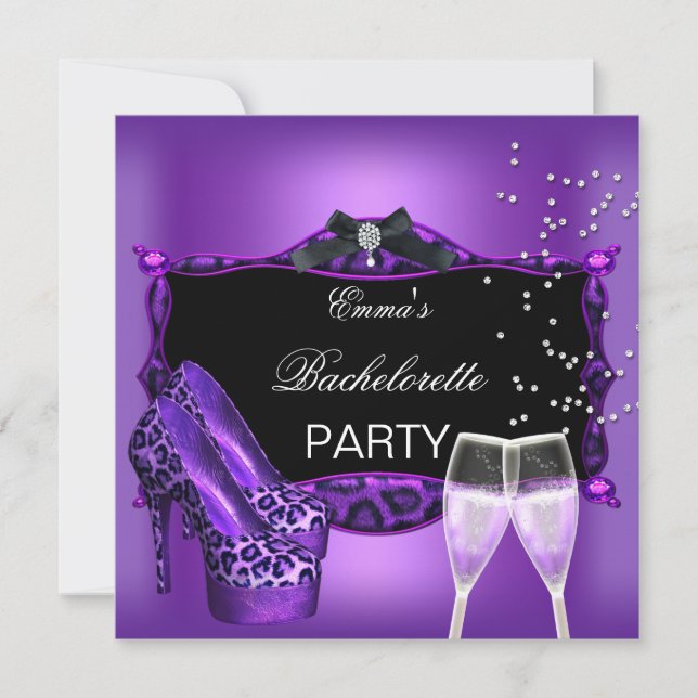 Bachelorette Party Purple Leopard Black Shoes 3 Invitation (Front)