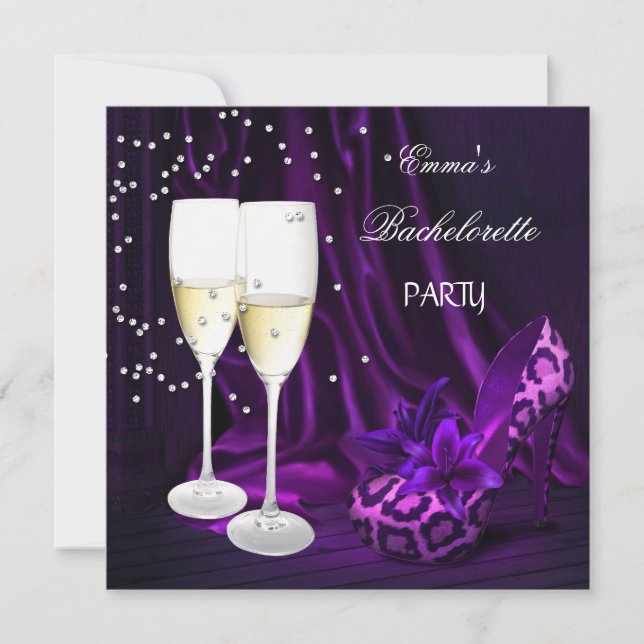 Bachelorette Party Purple Leopard Black Shoes Invitation (Front)