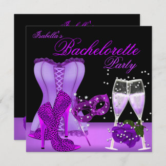 Bachelorette Party Purple Mask Leopard Heel Corset Invitation