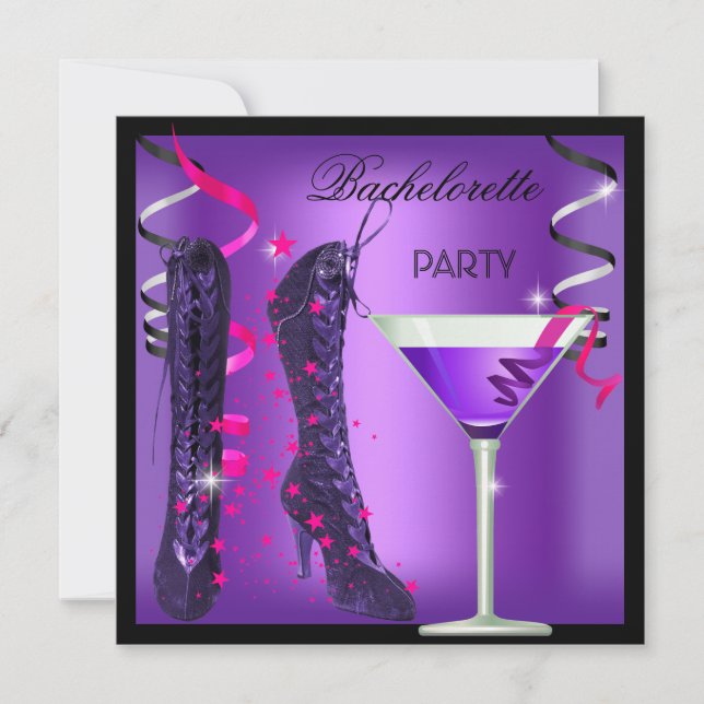 Bachelorette Party Purple Pink Boots Cocktail Invitation (Front)