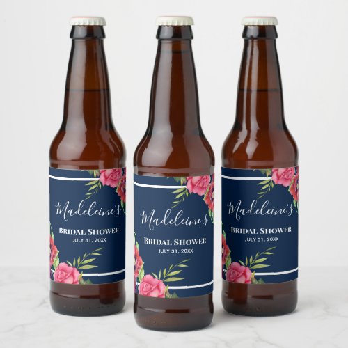 Bachelorette Party Red and Pink Flowers Dark Navy Beer Bottle Label