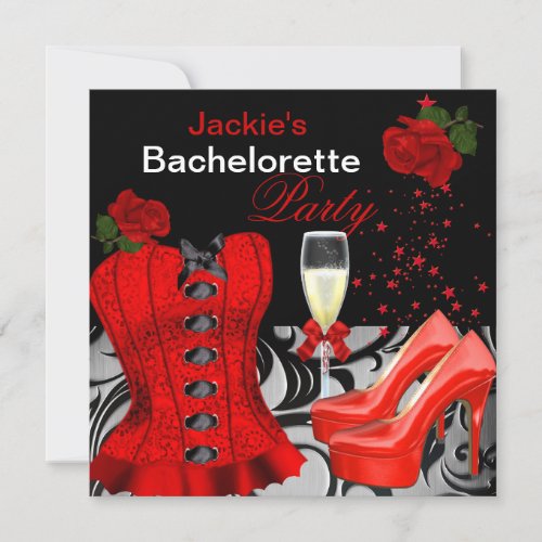 Bachelorette Party Red Black Corset Roses Invitation