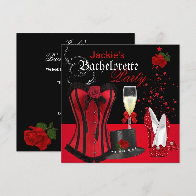 Bachelorette Party Red Black Corset Tophat Invitation (Front/Back)