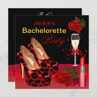 Bachelorette Party Red Black Shoes Lipstick Invitation