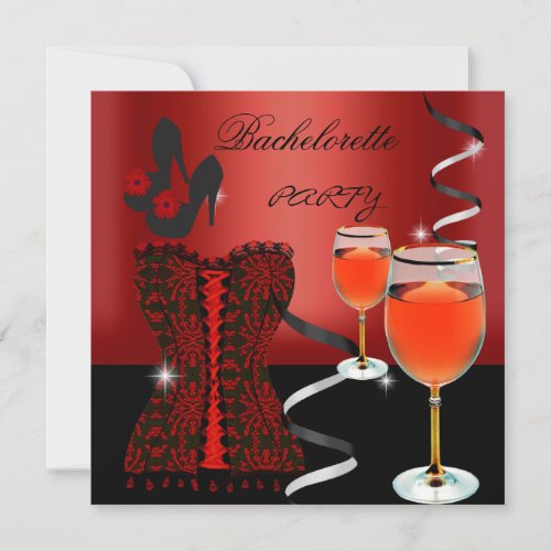Bachelorette Party Red Corset Black Wine shoes Invitation