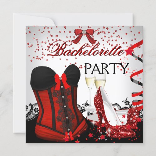 Bachelorette Party Red Corset high heels Champagne Invitation