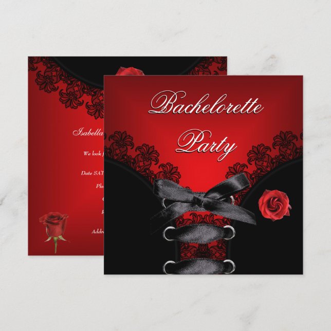 Bachelorette Party Red Rose Black Lace Invitation (Front/Back)