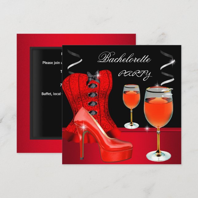 Bachelorette Party Red Shoe Corset Black Wine Invitation (Front/Back)