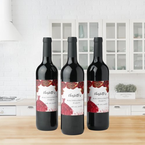 Bachelorette party red white dress flowers wine label