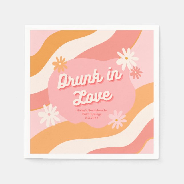 Bachelorette Party Retro Pink Drunk in Love Paper Napkins (Front)
