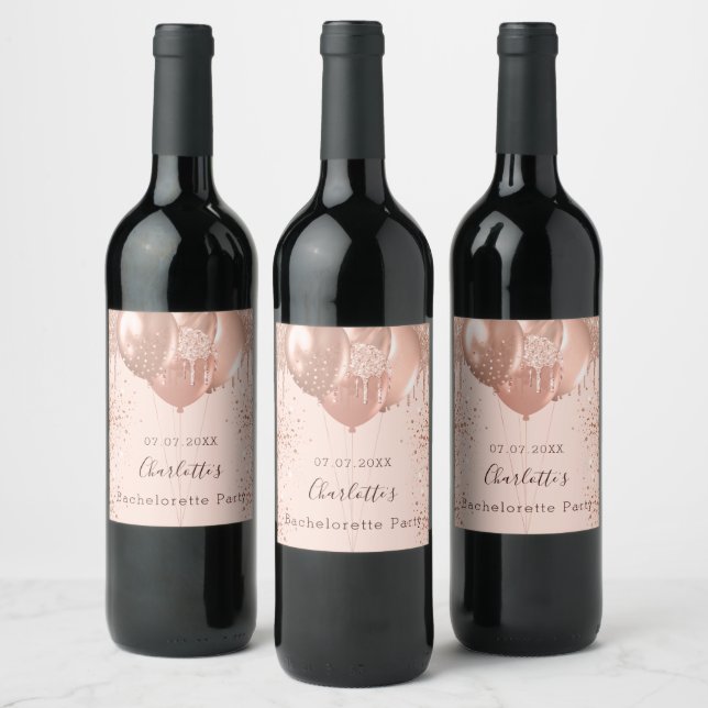 Bachelorette party rose gold blush balloons wine label (Bottles)