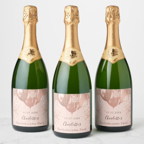Bachelorette party rose gold blush glitter balloon sparkling wine label