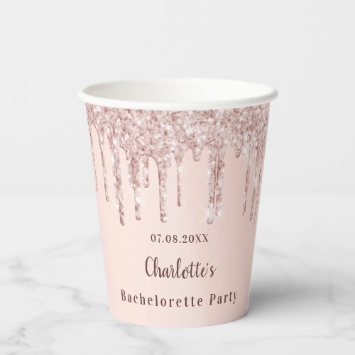 Bachelorette party rose gold blush glitter name paper cups