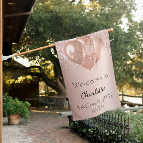Bachelorette party rose gold blush glitter welcome house flag