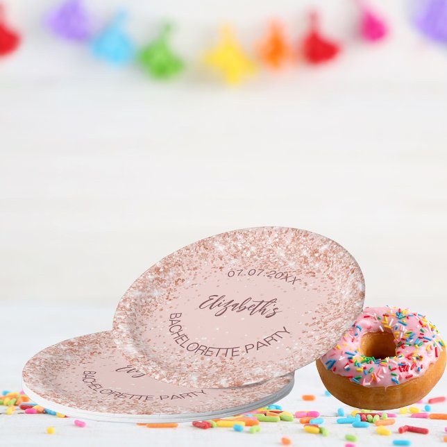 Bachelorette party rose gold confetti name paper plates (Creator Uploaded)