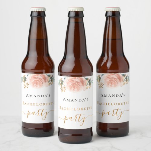 Bachelorette party rose gold floral eucalyptus beer bottle label
