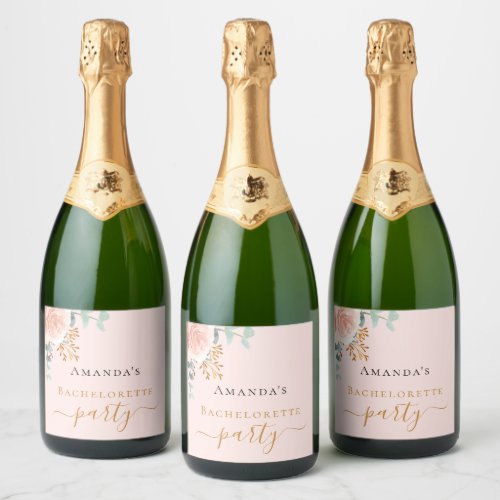 Bachelorette party rose gold floral pink script sparkling wine label